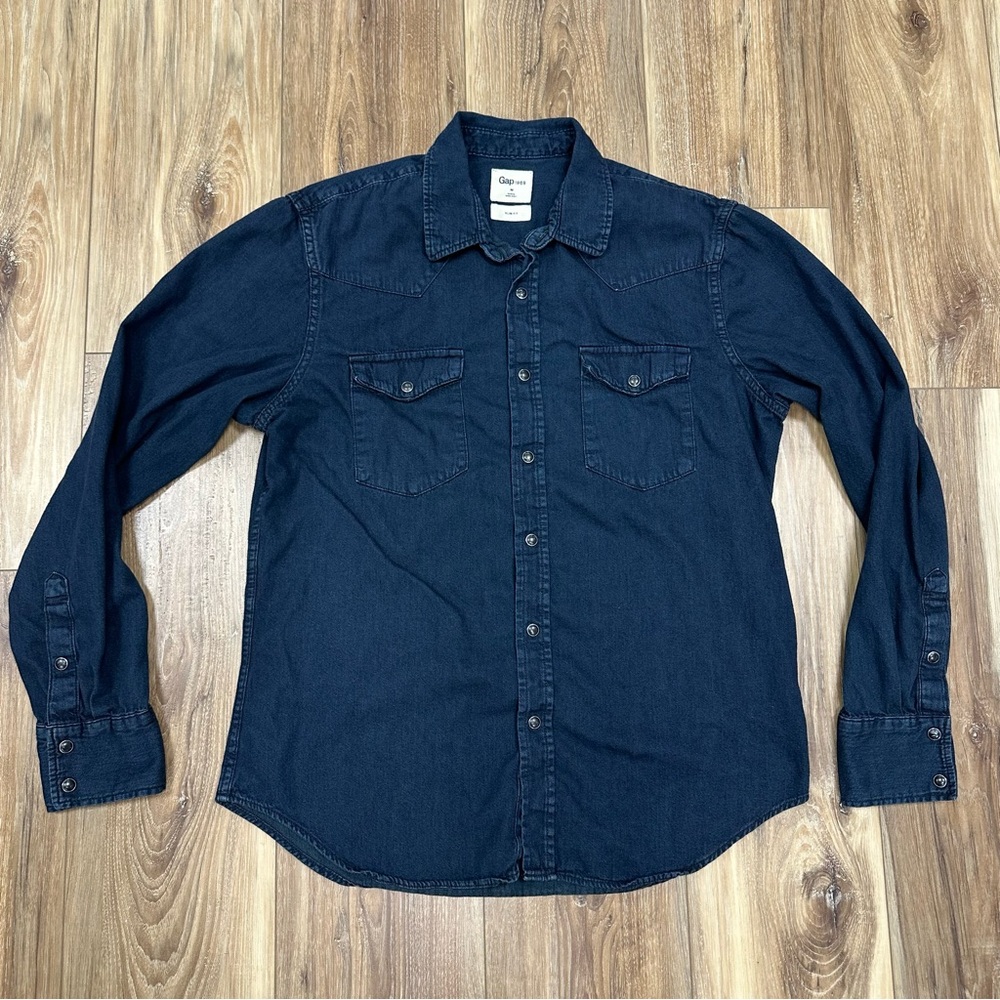 GAP Western Pearl Snap Denim Black Wash Shirt, Medium